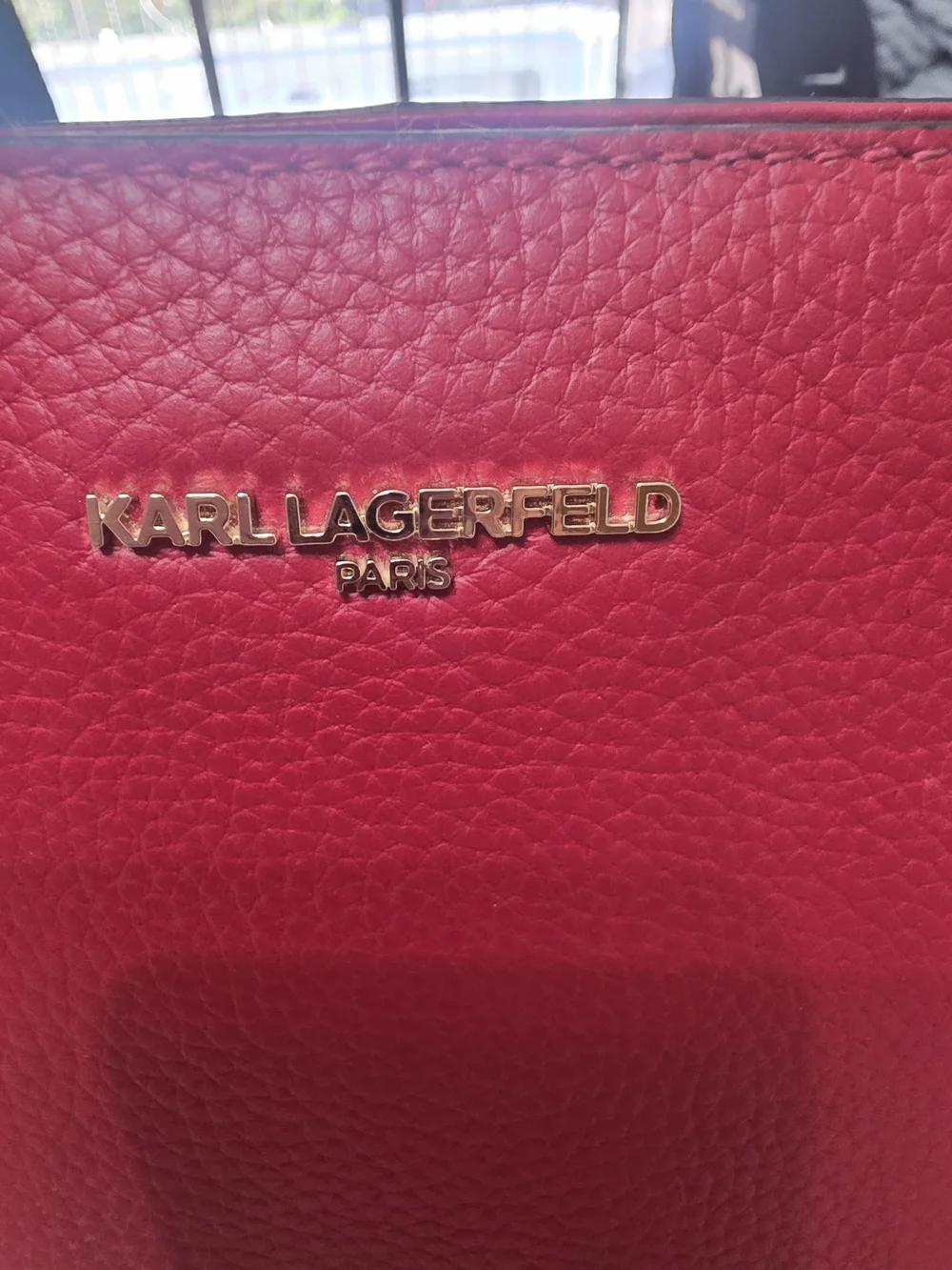 Karl Lagerfeld Red Pebbled Leather Tote with Gold Accents